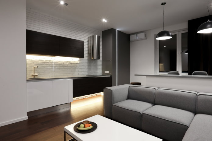 interior with a kitchen area on the side wall