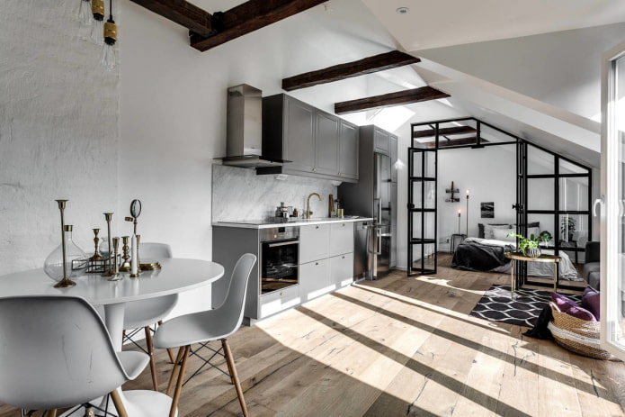 Interior design of a kitchen-studio in a Scandinavian style