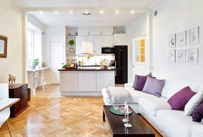 kitchen-studio interior with zoning in the form of lighting
