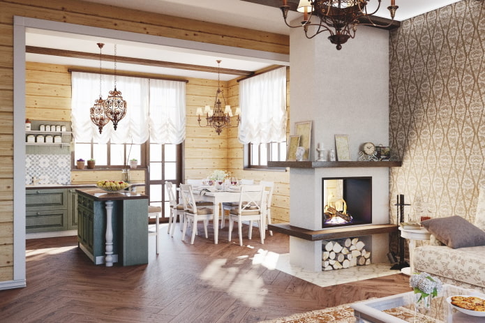 interior of a studio kitchen with a fireplace in the form of a partition