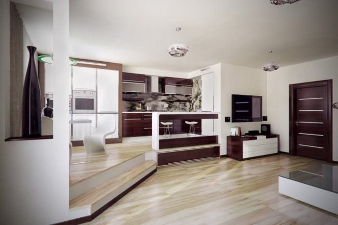 interior of a kitchen-studio with a podium floor
