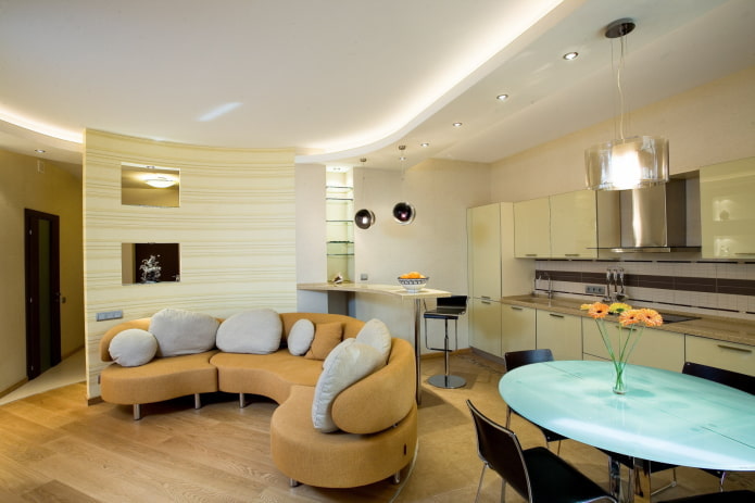 kitchen-studio interior with zoning in the form of lighting