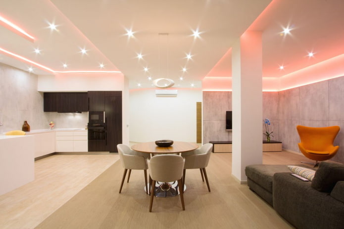 kitchen-studio interior with zoning in the form of lighting