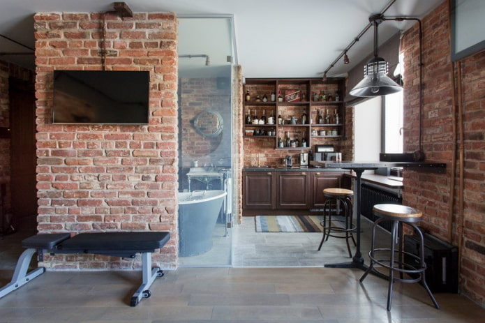 Interior design of a kitchen-studio in a loft style