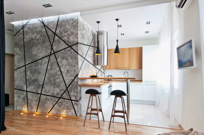 interior of a kitchen-studio with a bar counter