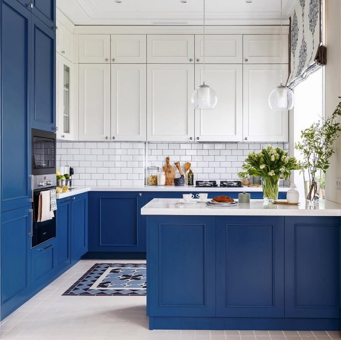 blue and white kitchen set