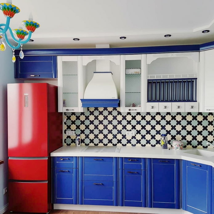 red refrigerator in the kitchen