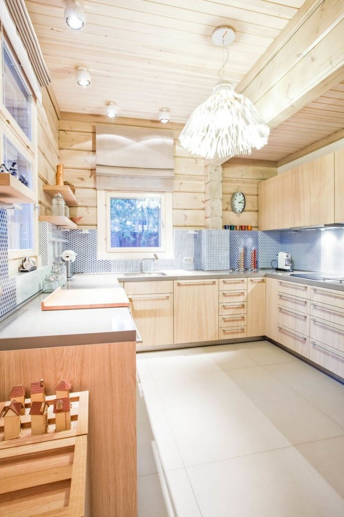 bright kitchen in a log house