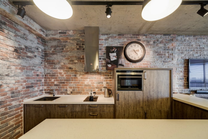 stylish large clock above the kitchen set