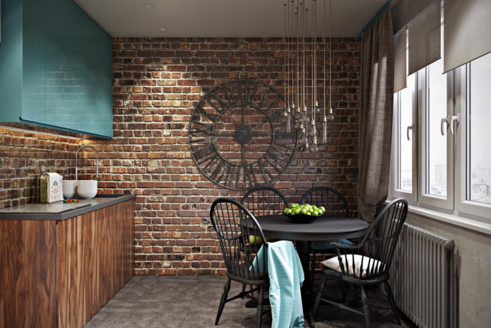 very small kitchen with wooden cabinets and an accent wall of decorative brick