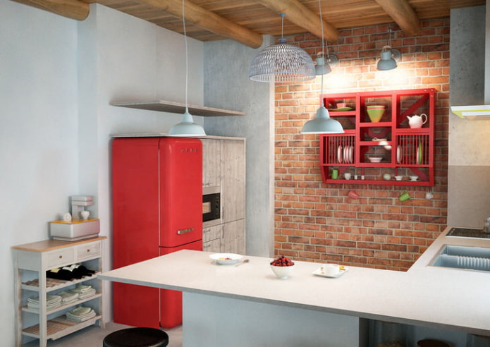 white and red kitchen in loft style