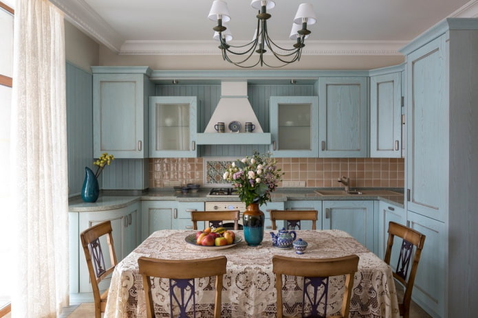 Provence style in the interior of a blue kitchen