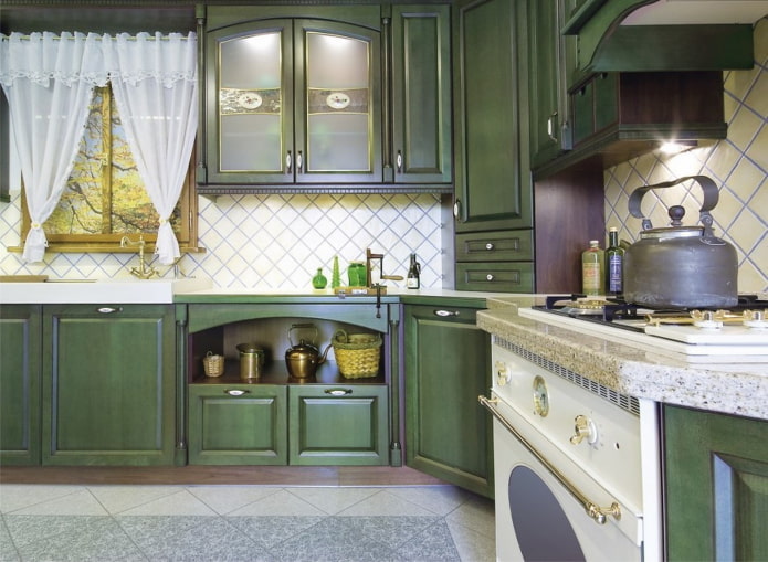 Provence style in the interior of a green kitchen