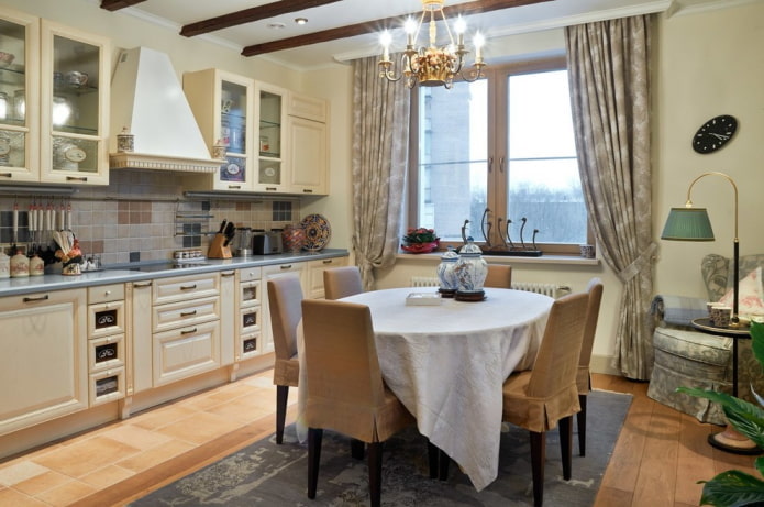 curtains and textiles in the interior of the kitchen in the Provencal style