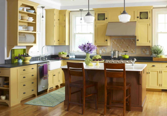 Provence style in the interior of a yellow kitchen