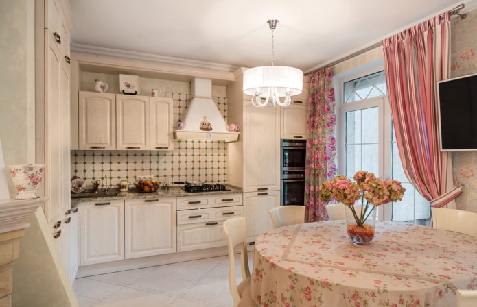 curtains and textiles in the interior of the kitchen in the Provencal style