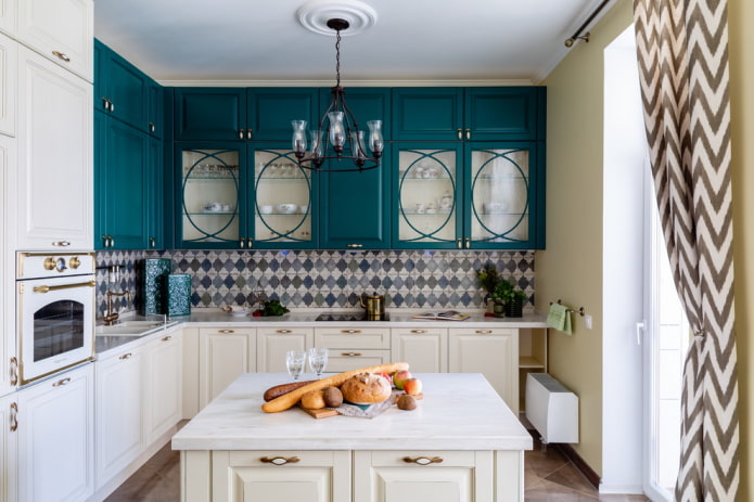 kitchen with island up to the ceiling