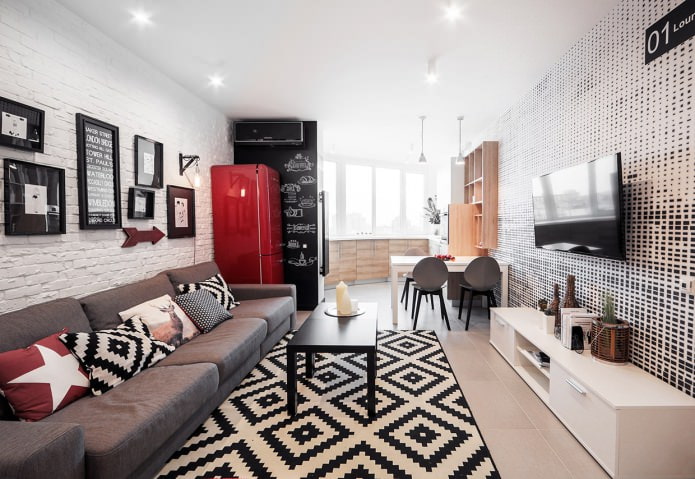 Kitchen with a living room in an apartment