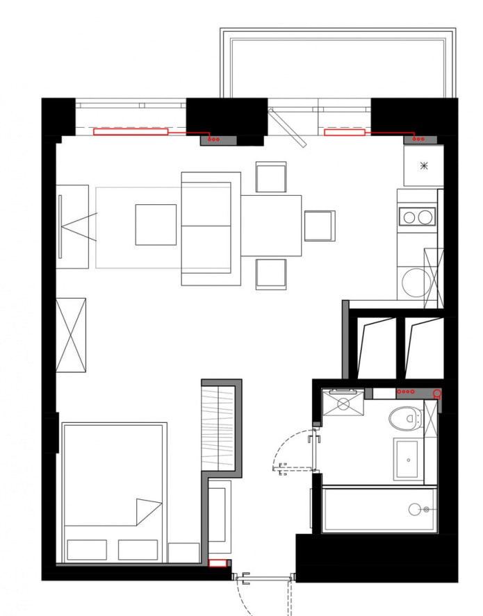 Layout of a studio apartment of 33 sq. m.