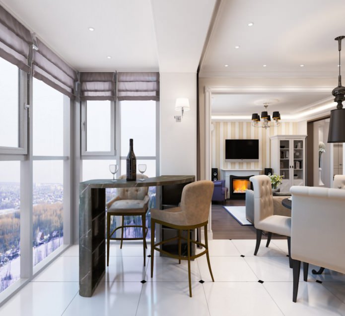 panoramic balcony with a bar counter
