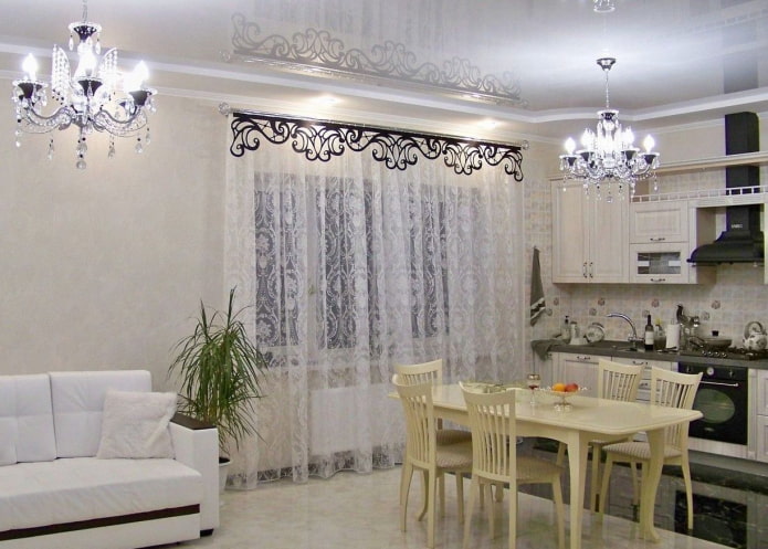 openwork lambrequin in the kitchen interior