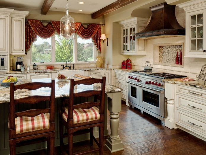 lambrequins in the interior of the kitchen in the country style