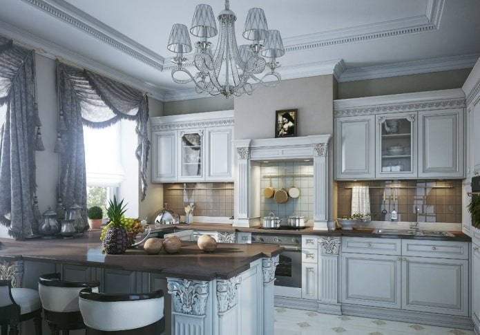 lambrequins with fringe in the kitchen interior