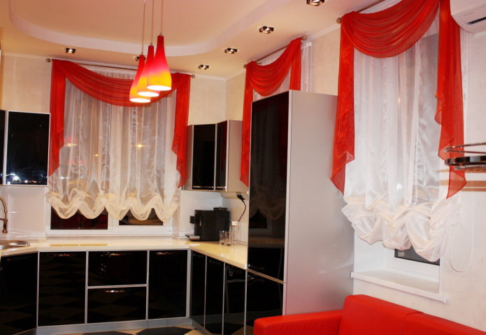 red lambrequins in the kitchen interior