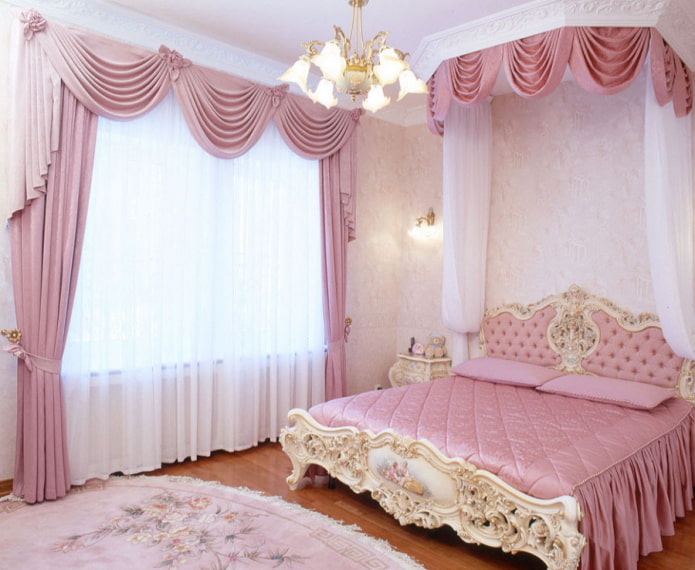 pink lambrequins in the bedroom interior