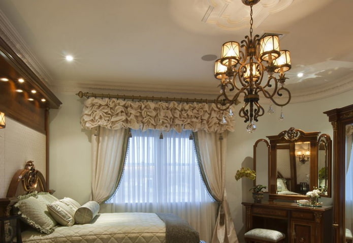 lambrequin with puffs in the bedroom interior