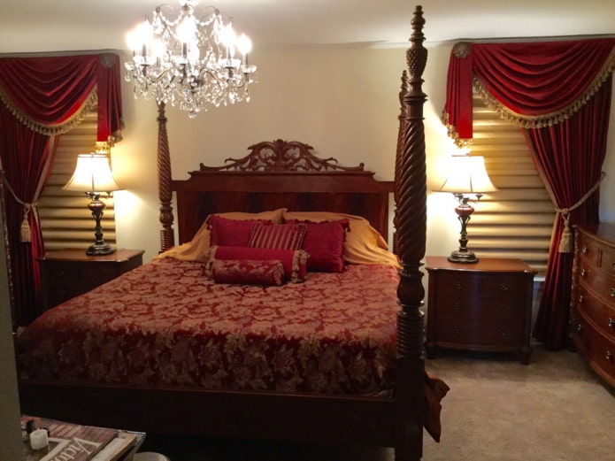 red lambrequins in the bedroom interior