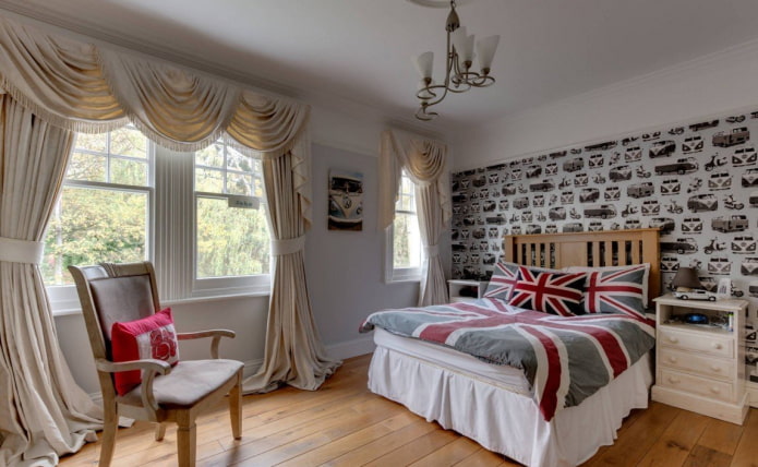 lambrequins with curtains in the bedroom interior