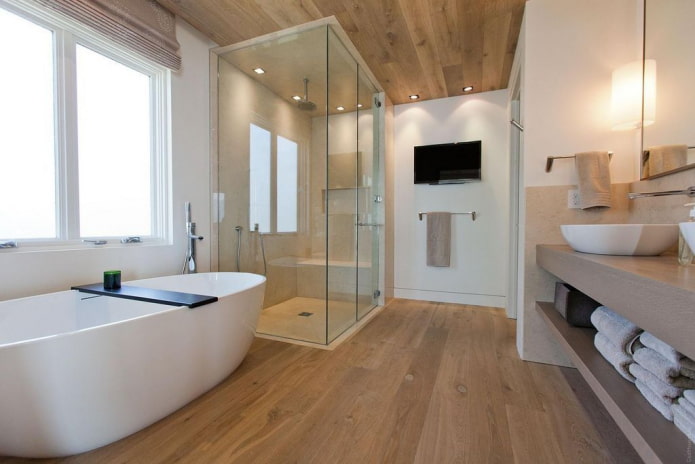 wood-like ceiling in the bathroom