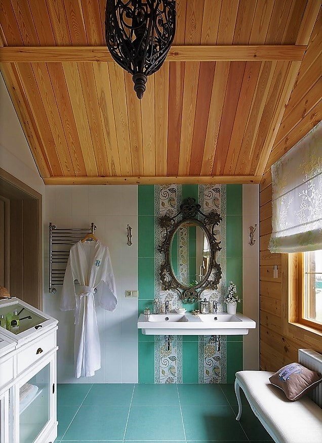 bathroom with wooden ceiling
