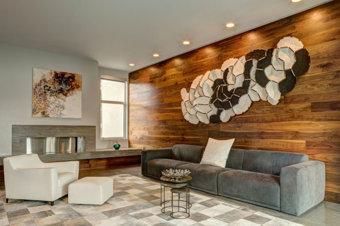 wooden panels on the wall in the living room