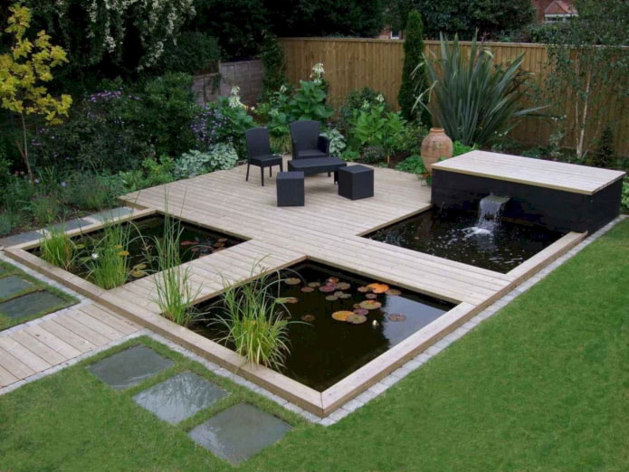 modern terrace with a pond