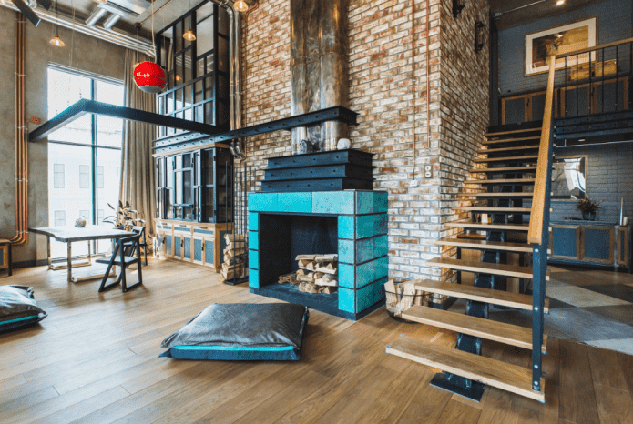 staircase in the interior of the house in the loft style