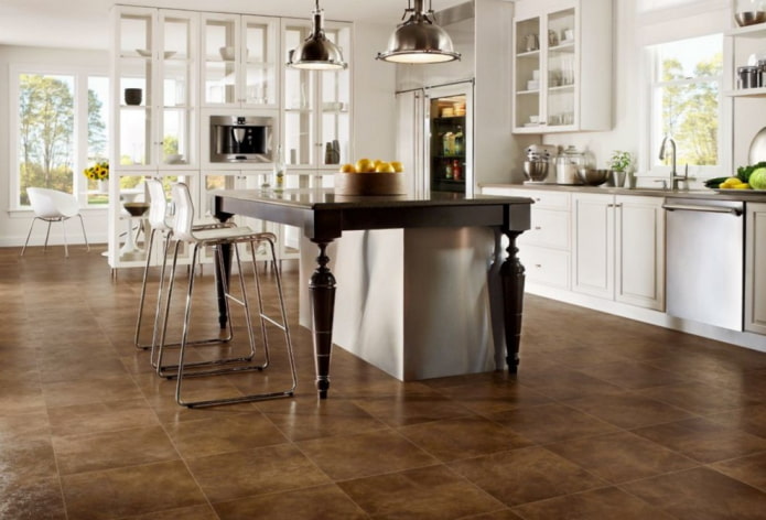 linoleum under the tile in the kitchen interior