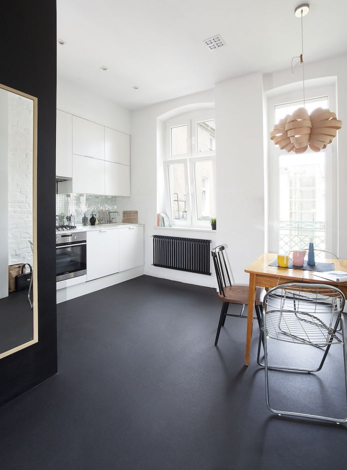 black linoleum in the kitchen interior