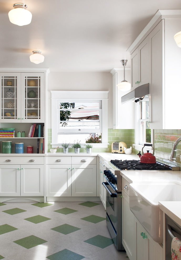 white and green squares on the floor