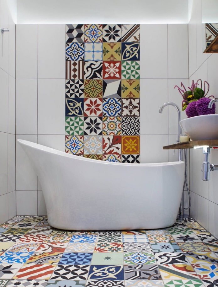 Bathroom with multi-colored linoleum