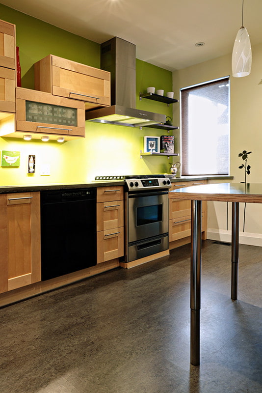 dark-colored linoleum in the interior