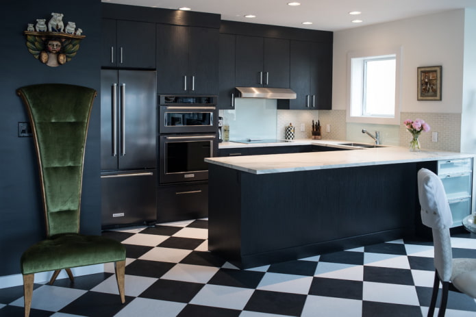 two-color linoleum in the kitchen interior
