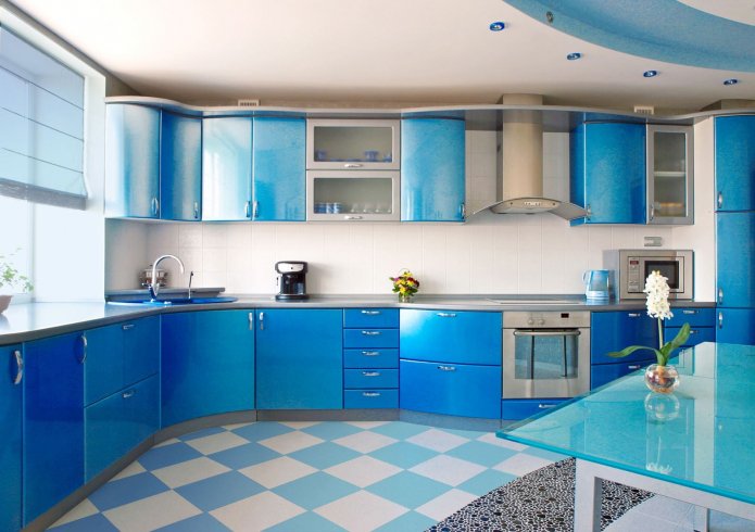 white and blue linoleum in the kitchen