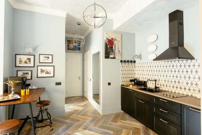 linoleum under the parquet in the kitchen interior