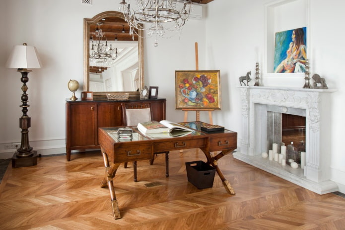 linoleum under the parquet in the study interior