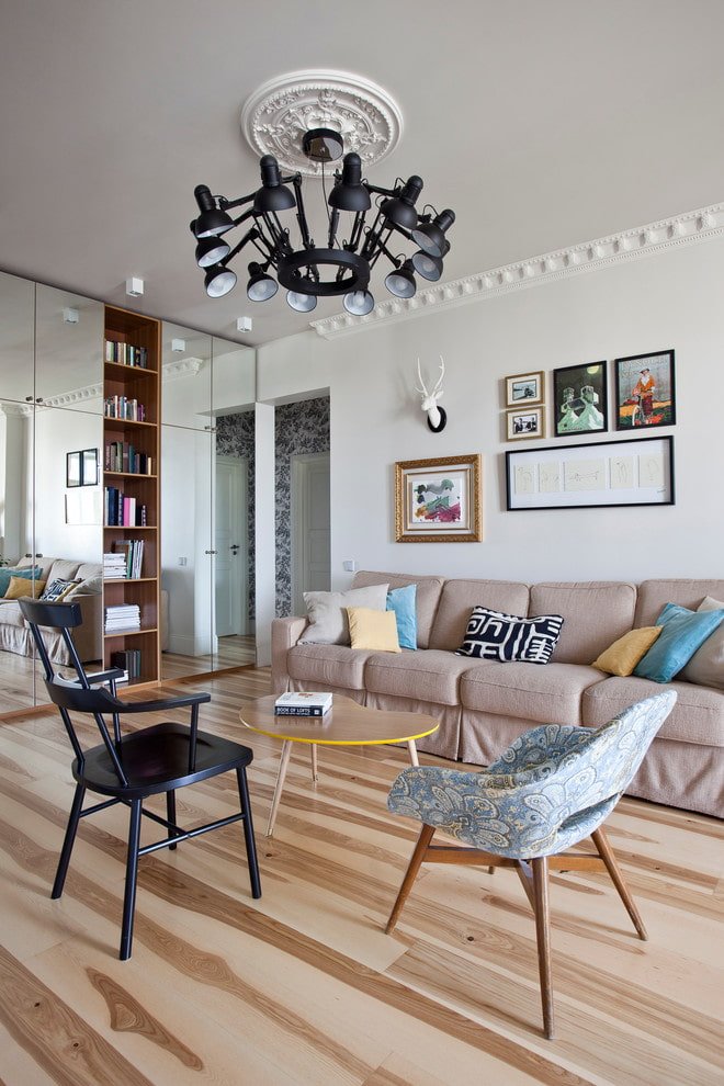 wood-like linoleum in the living room interior