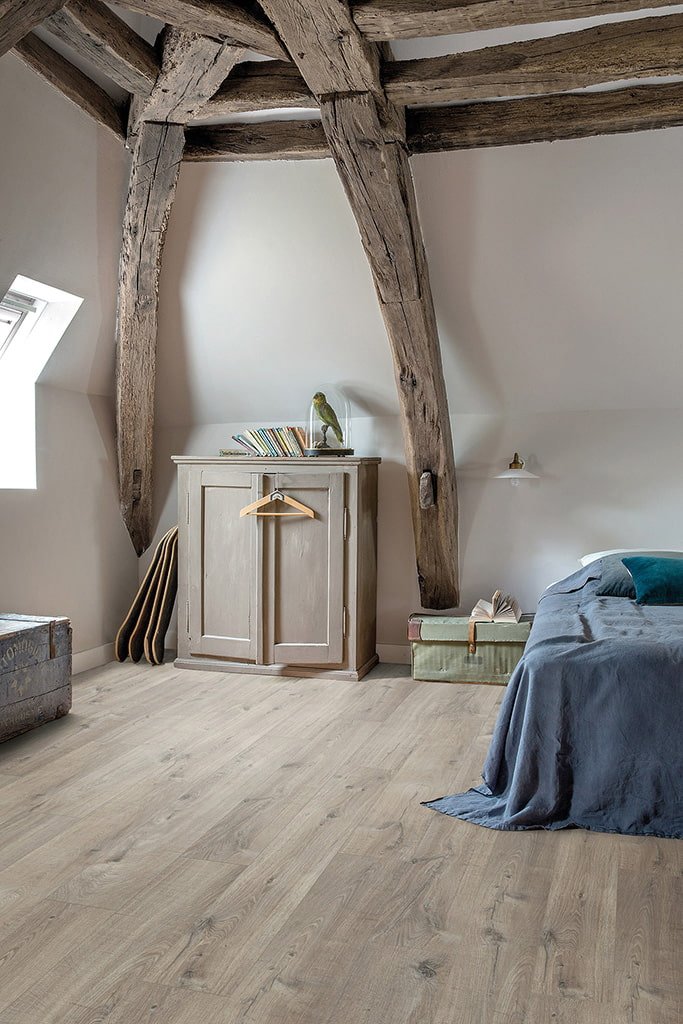 wood-like linoleum in the bedroom interior