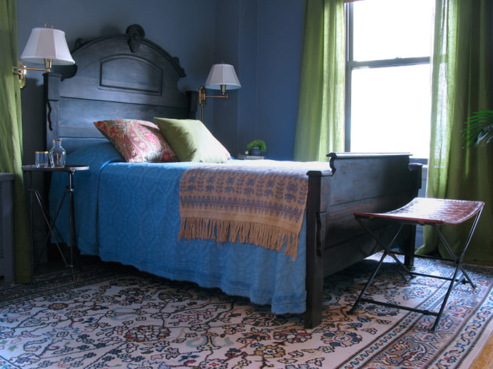 green linen curtains in the bedroom interior
