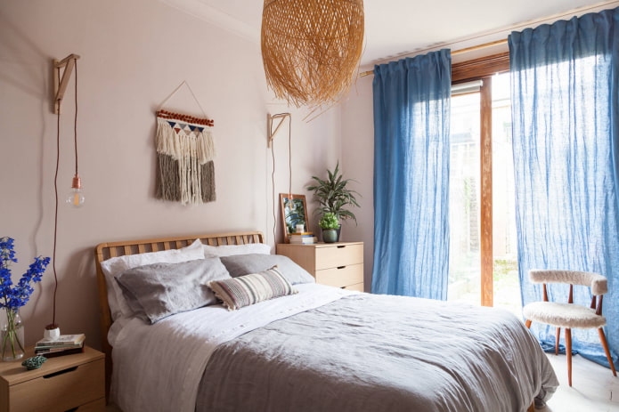 blue linen curtains in the bedroom